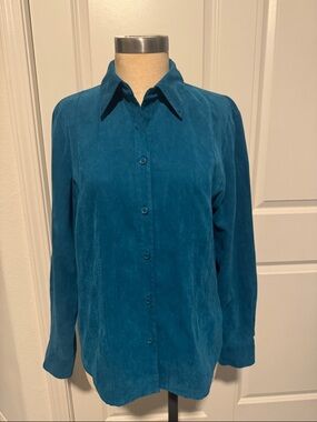 Talbots Faux Suede Button-Front Long Sleeve Shirt - Teal